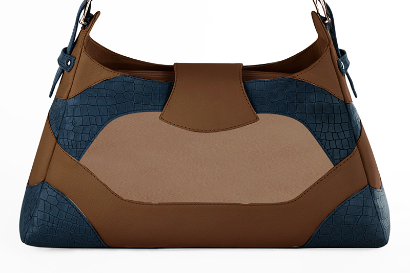 Dress handbag in denim blue, biscuit beige and caramel brown leather - Rear view